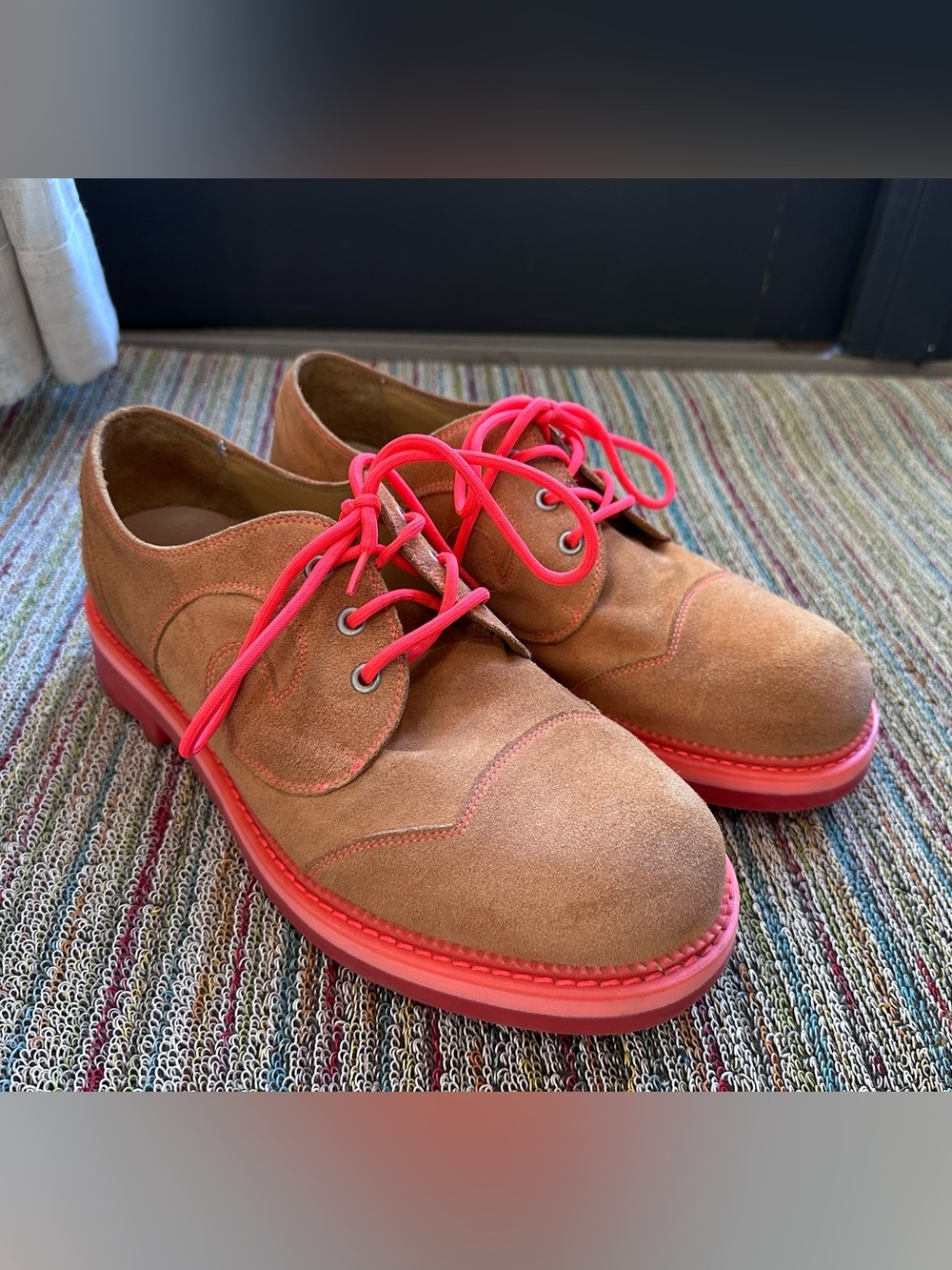 Fluevog 7th Heaven Derby Swirl suede lace-up derby shoe orange/pink -11.5 - Picture 2 of 16